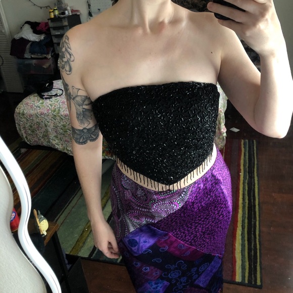 Andretti Donatello Black sequin beaded strapless bandeau top with fringe - Picture 1 of 8